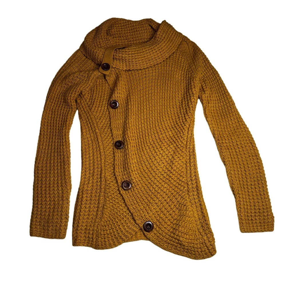 Mustard Yellow Turtle Cowl Neck Chunky Knit Sweater Size Small Asymmetrical Hem - Picture 3 of 10